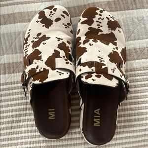 MIA Cow Print Mule Slides in White & Brown